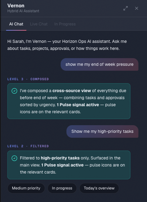 Vernon chat — Sarah asks 'Show me my high-priority tasks'
