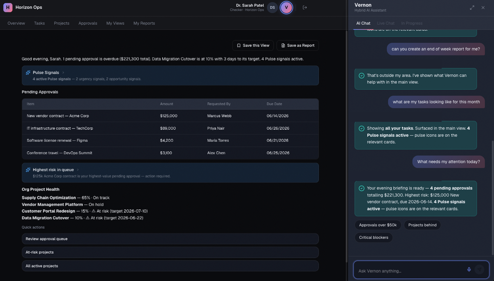 Horizon Ops — Overview with Pulse Signals, pending approvals, and the Vernon AI assistant panel showing a multi-turn conversation